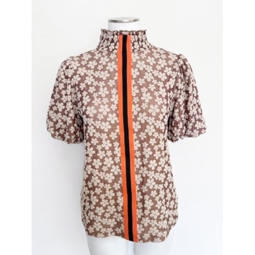 Deon Jennifer Brown Floral Mock Neck Puff Sleeve Top Racing Stripe Small NEW